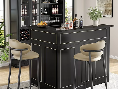 Black Bar Counter With Beige Stools Fruit Wine Bottles Decorations Wine Cabinet And Green Plants 3d model