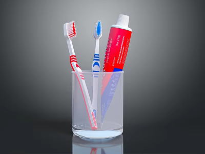 Essential Daily Household Essentials With Two Toothbrushes And Toothpaste Tube In Transparent Glass Cup 3d model