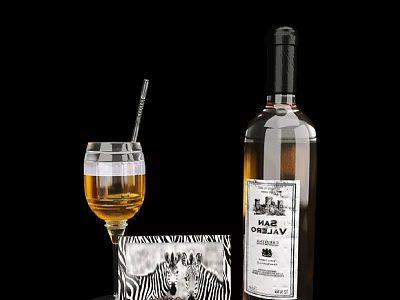 Wine Bottle And Glass With Amber Liquid And Zebra Pattern Accessory On Black Background 3d model