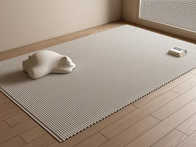 Gray Textured Square Rug on Wooden Floor with White Sculpture and Book 3d model