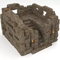 Stone Architectural Components Of Medieval Fortress With Steps Walls And Torches