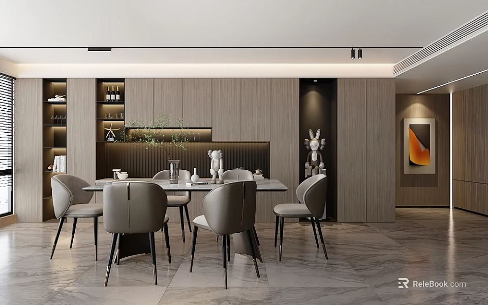 Modern Dining Living Room Interior Design With Dining Table Chairs Cabinets And Green Plants 3d model 