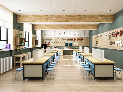 Bright School Workshop With Long Tables Blue Chairs And Tools On Wall 3d model