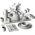 Elegant Tableware Set With White Plates Bowls Glasses Water Jug And Green Vase On Tray