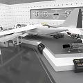 Detailed Airplane Model Display In Exhibition Hall With Staircase Display Platform And Charts