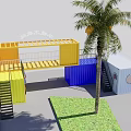 Colorful Container Building Featuring Open Platform And Greenery Around Palm Tree 3d model