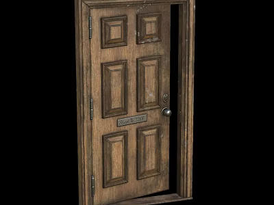 Traditional Wooden Paneled Hinged Door With Frame And Metal Handle 3d model