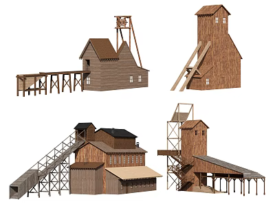 Wooden Houses With Various Designs Including Tower Structures Sloped Roofs And Staircases 3d model