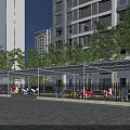 Parking Lot With Shelter For Bicycles And Motorcycles Near High Rise Buildings And Trees