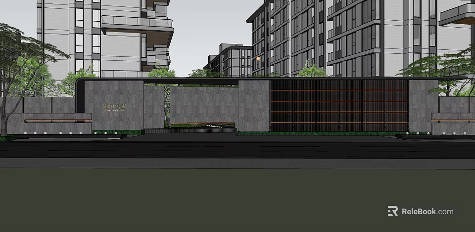 Contemporary Entrance Gate With Gray Wall Wooden Slats And Green Plants In Modern Residential Area 3d model 
