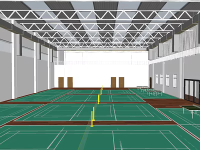 Indoor Badminton Courts With Green Surfaces Yellow Nets And White Lines For Sports Fitness 3d model
