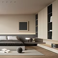 Modern Bedroom Interior With Bed Pillows Beige Chair Potted Plant And Framed