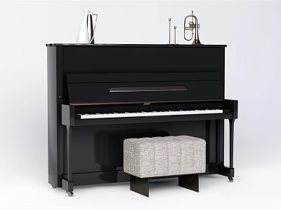Black Upright Piano With White Vase Brass Instruments And Gray Padded Stool 3d model