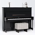 Black Upright Piano With White Vase Brass Instruments And Gray Padded Stool