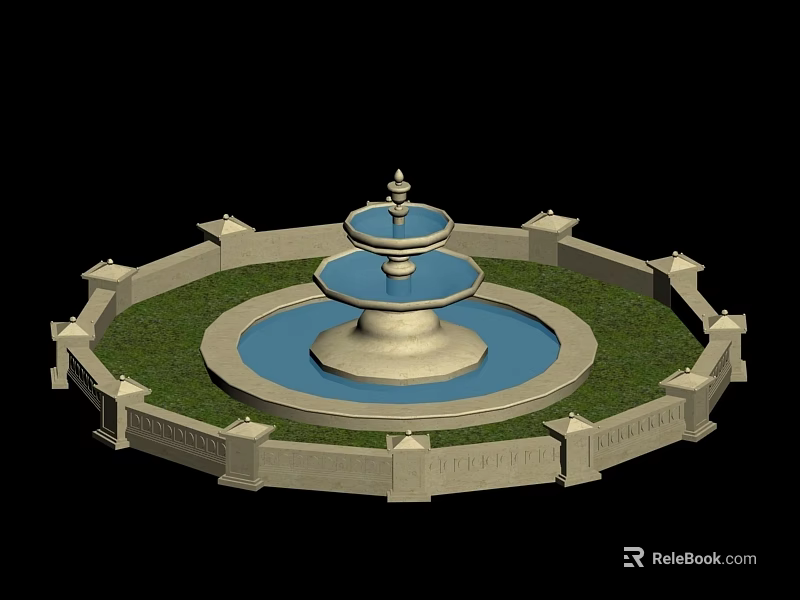 Decorative Garden Ornament Featuring Circular Stone Fountain With Grass Surroundings And Stone Railing 3d model 