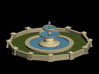 Decorative Garden Ornament Featuring Circular Stone Fountain With Grass Surroundings And Stone Railing 3d model