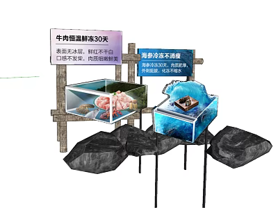 Display Shelves with Fresh Beef and Dragon Pattern Shrimp for Limited Time Promotion 3d model