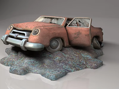 Rusty Vintage Old Car With Damaged Body And Open Doors On Rocky Base 3d model Rusty Vintage Old Car With Damaged Body And Open Doors On Rocky Base 3d model