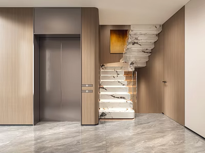 Modern Stainless Steel Elevator With Marble Staircase And Wooden Walls Interior Design 3d model