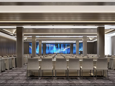 Modern Large Conference Room Interior With Stage Screen Columns And Arranged Chairs On Carpet 3d model
