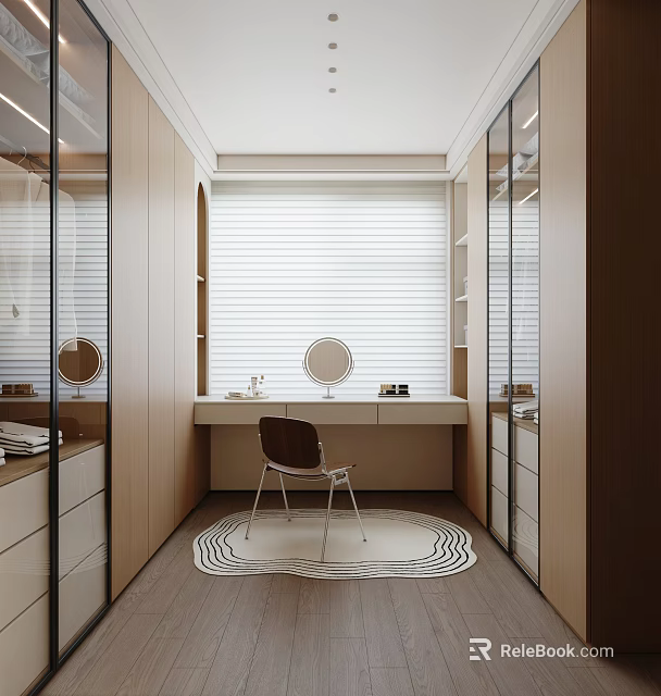 Modern Walk in Closet Design With Wooden Cabinets Dressing Table and Chair Rug Window Blinds 3d model 