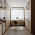 Modern Walk in Closet Design With Wooden Cabinets Dressing Table and Chair Rug Window Blinds