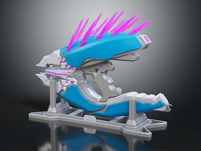Blue And Purple Spiked 3D Modeled Weapon With Gray Structure And Base Stand 3d model