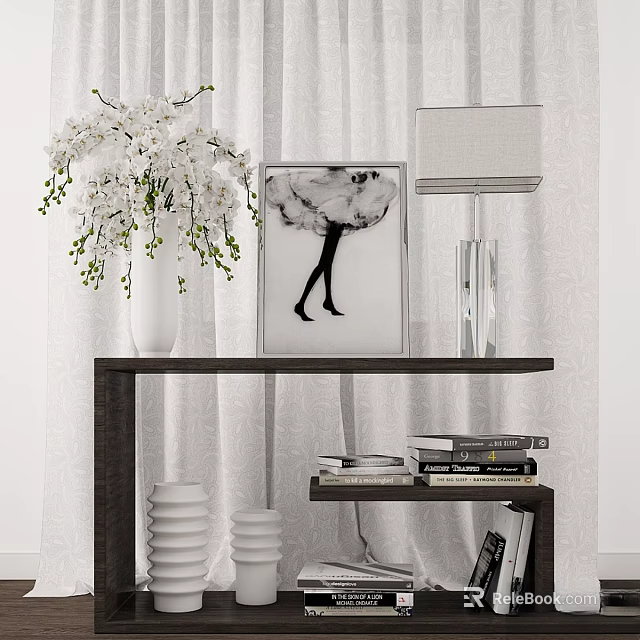 Modern Decorative Ornament Set With White Vase Orchid Painting Lamp Plates And Books 3d model 