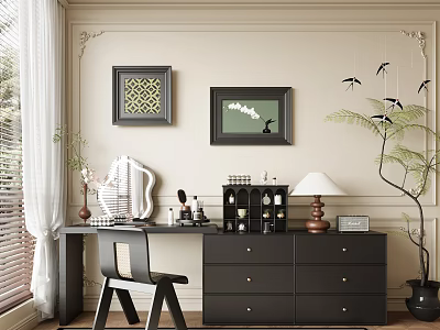 Dark Wooden Dresser With Drawers Table Lamp Chair Potted Plant And Framed Art 3d model