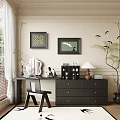 Dark Wooden Dresser With Drawers Table Lamp Chair Potted Plant And Framed Art