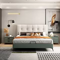 Modern Double Bed in Bedroom with Upholstered Headboard Pillows Orange Throw and Green Nightstands