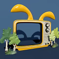 Vintage Yellow TV Photo Spot with Rabbit Ears Green Trees and Blue Background