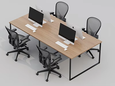 Modern Office Desk With Wooden Surface Metal Frame iMac Computers Keyboards Mice And Black Chairs 3d model