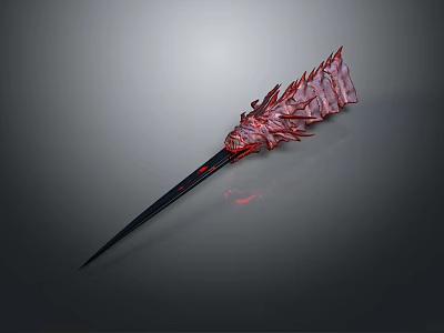 Mythical Character Wielding Creature Inspired Red Spear With Black Biological Scaled Texture 3d model
