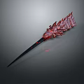 Mythical Character Wielding Creature Inspired Red Spear With Black Biological Scaled Texture