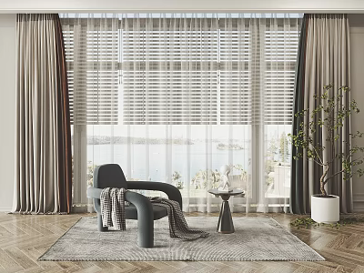 Neutral Tones Layered Curtains and Blinds Enhance Living Room Scenic Window View 3d model