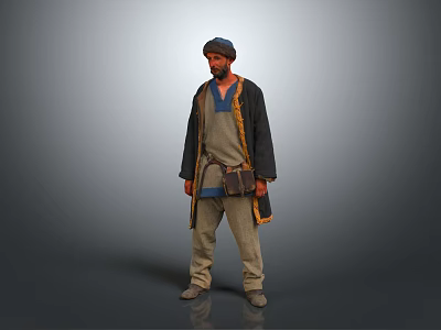Man Standing In Traditional Attire With Headscarf Blue Robe Belt Leather Pouch And Beige Trousers 3d model