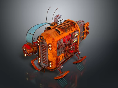Rusty Orange Mechanical Device with Antennas and Support Legs in Vintage Industrial Style 3d model