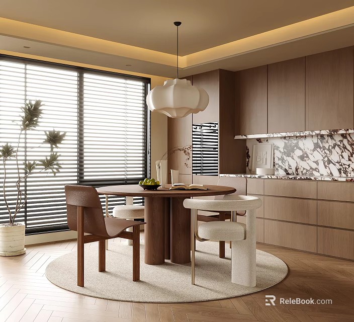 Modern Restaurant Interior Design With Wooden Cabinets Round Table Large Windows And Pendant Lamp 3d model 