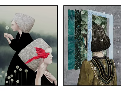 Artistic Illustrations Featuring Female Figures With Gray Hat Red Feather And Green Plants 3d model