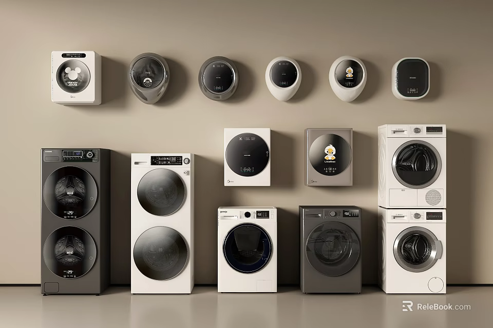 Modern Washing Machines in White and Black Wall Mounted and Freestanding Styles 3d model 