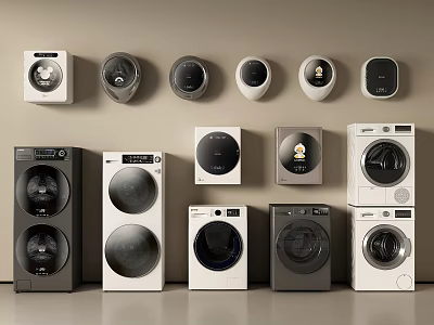 Modern Washing Machines in White and Black Wall Mounted and Freestanding Styles 3d model