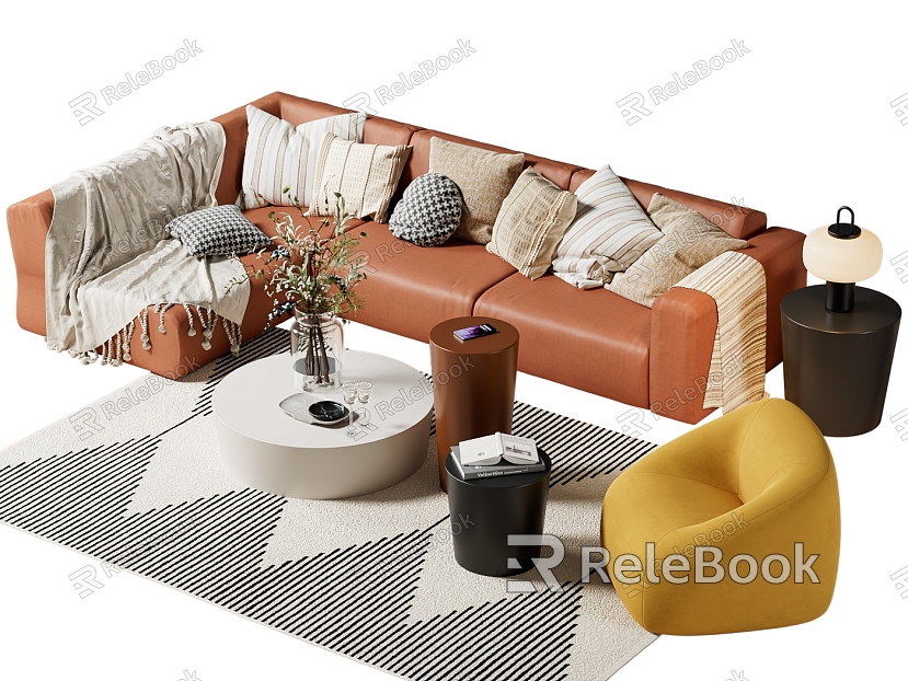 Corner Sofa Italian Light Luxury L-shaped Leather Sofa Coffee Table Side Table Carpet Potted Plant model