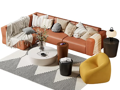 Orange Sofa and White Round Coffee Table Set with Decorative Pillows Throw Blanket Yellow Chair 3d model