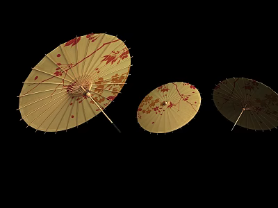 Three Traditional Yellow Oil Paper Umbrellas With Red Maple Leaf Patterns 3d model