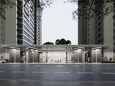 Modern Residential Entrance With High rise Buildings Glass Door Trees And Vehicles 3d model