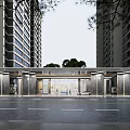 Modern Residential Entrance With High rise Buildings Glass Door Trees And Vehicles