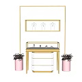 Elegant Golden Display Cabinet Shelf With White Hand Models Glass Case Drawers And Pink Pots