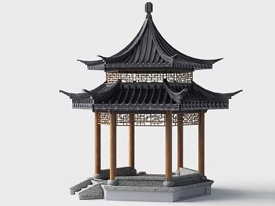 Traditional Chinese Pavilion With Multi Tiered Black Roof Carved Lattice Windows Gray Base And Steps 3d model