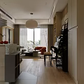 Modern Living and Dining Room Interior Design With Grey Sofa Red Armchair And Floor to Ceiling Windows